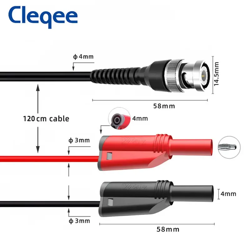 Cleqee P1010 BNC to Dual 4mm Stackable Banana Plug Test Lead Safe Probe Oscilloscope Cable 120CM 500V 5A