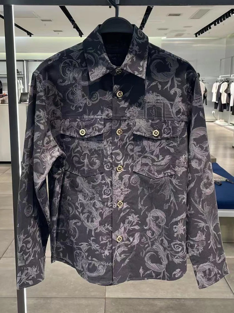 

Faionable Floral Embroidery Workwear irt Casual Turn-down Collar Long Sve Men's Autumn Clothing Stand Fit No-iron