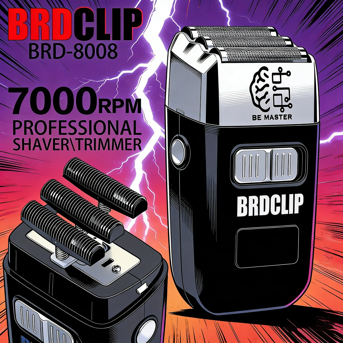 

Электробритва BRDCLIP BRD-8008 для мужчин, триммер для волос, 7000 об/мин, машинка для стрижки бороды, плавающие лезвия из вольфрамового карбона, 3 режущих сетки.