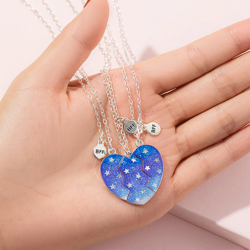 Luminous Star 3Pcs Broken Heart Pendant for Girls Bestie Friendship BFF Necklaces 3 Best Friend Jewelry Gift