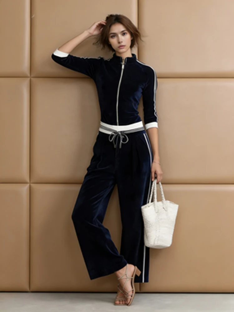 

Solid Velvet Stand Collar Zipper Top Sets Women Casual Striped Trim Wide Leg Pants Suit 2026 Spring High Street Commute Outfits