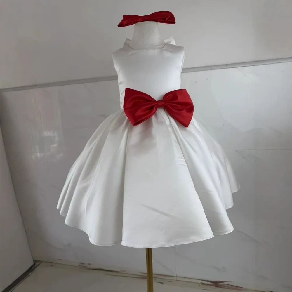 2026 Girls Red Sleeveless Princess Gown, Elegant Bow Decor Party Dress, Kids Birthday & First Year Formal Outfit for 80-160cm
