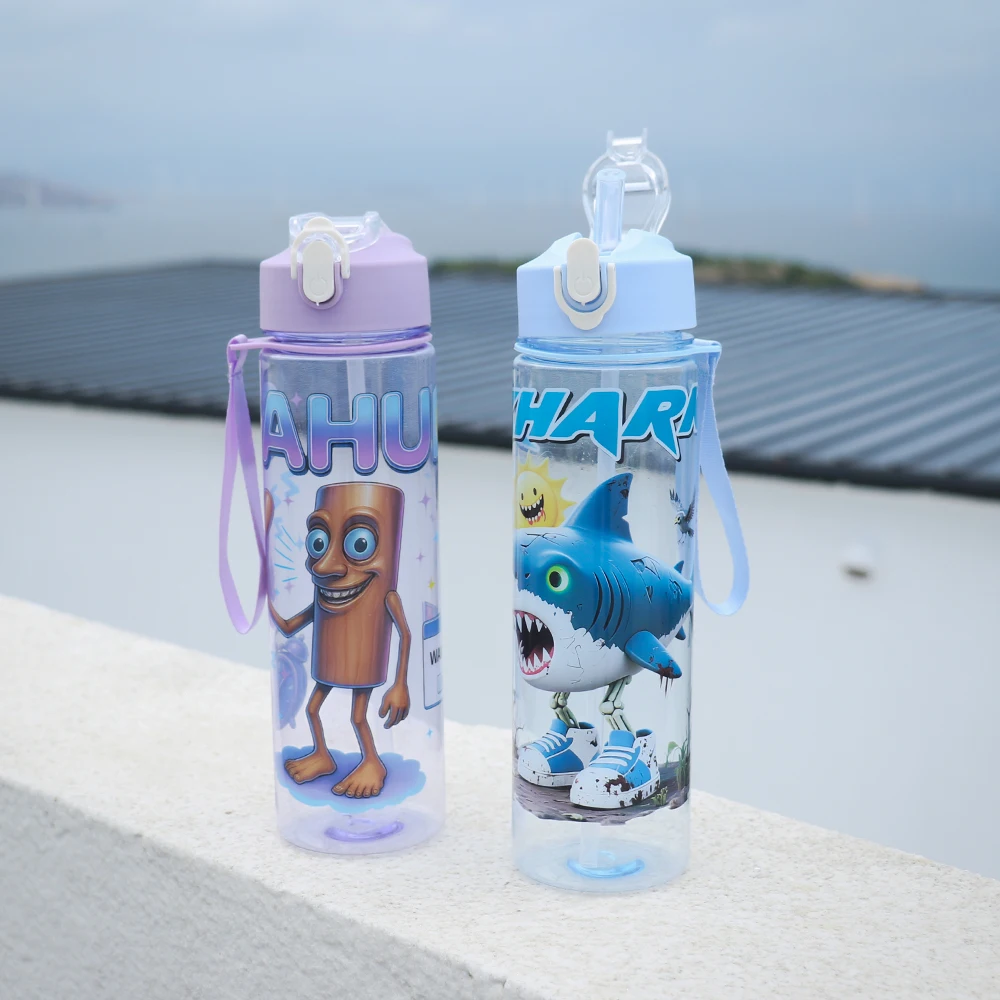 23oz Cute Cartoon Plastic Water Bottle with Lid And Straw Portable Carrying Rope Ideal for Holiday Outings School Outdoor Activi
