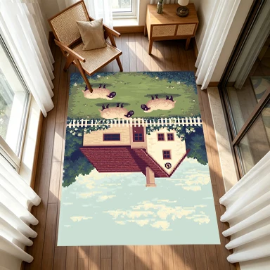 Pixel Art Cottage Sheep Carpet Flooring Retro Style Household Floor Carpet