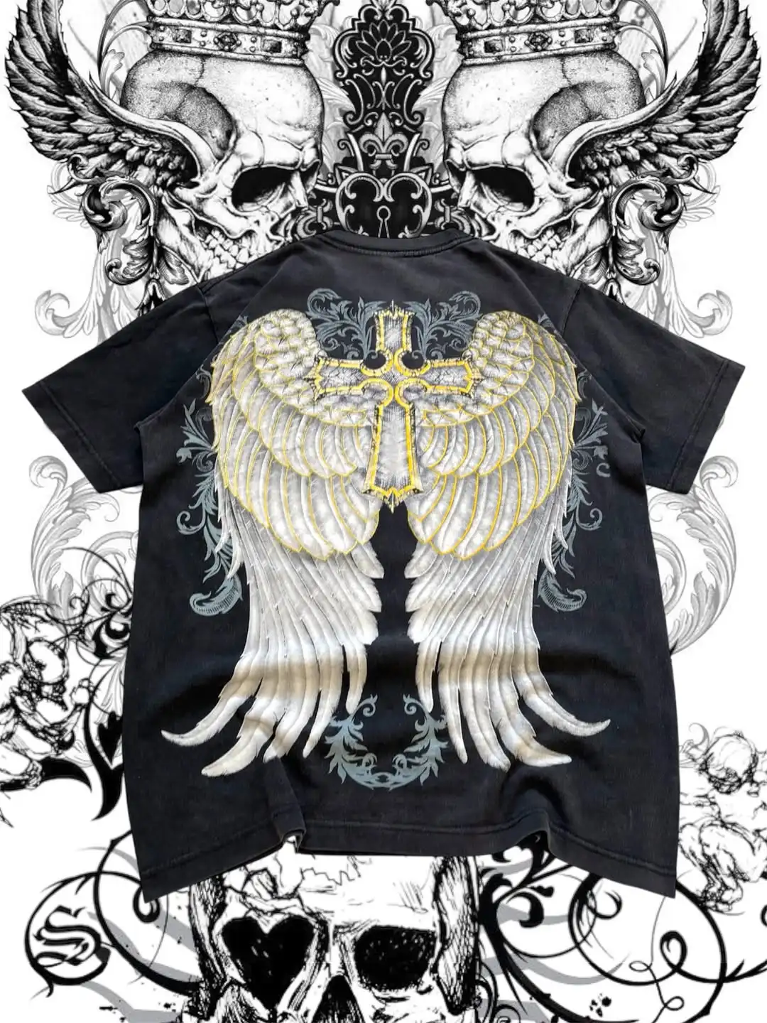 

Мужская футболка оверсайз из чистого хлопка с принтом Y2K Affliction: модная одежда в стиле Harajuku с черепами и крыльями