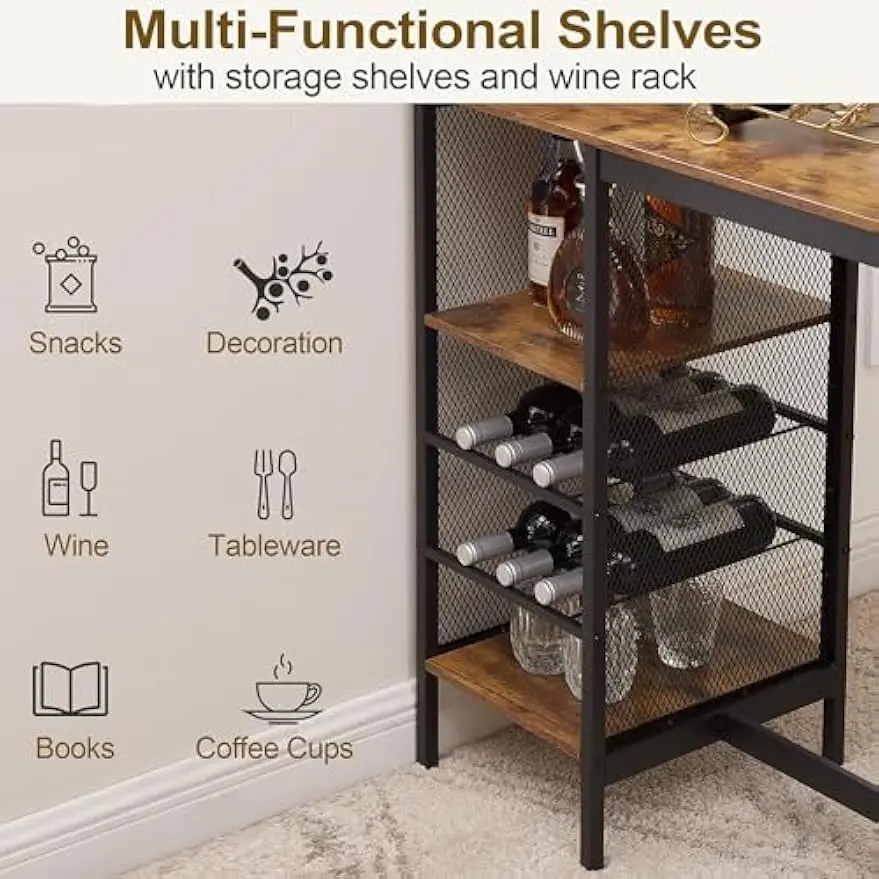 Juego de mesa y sillas de Bar para comedor, Mostrador de cocina alto con estantes de almacenamiento, portavasos y estante para vino, cojín de cuero PU