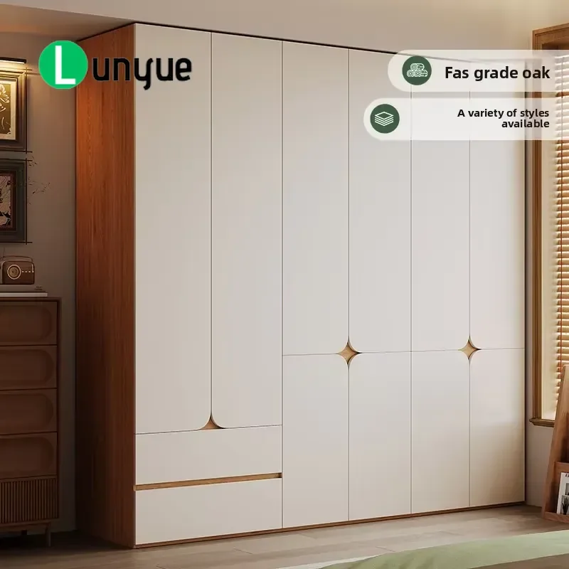 Modern Simple Solid Wood Wardrobe with Swing Door and Upper Lower Drawers Economical Combination Locker for Adult Bedroom