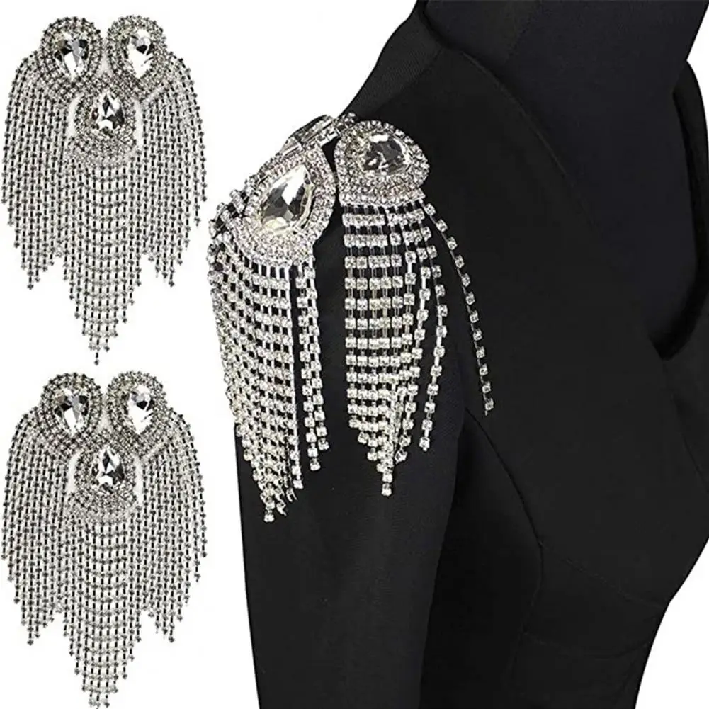 Shoulder Brooch Tassels Rhinestones Jewelry Handmade Shiny Epaulet Clothes Decor Shoulder Brooches Clothing Accessories Gift