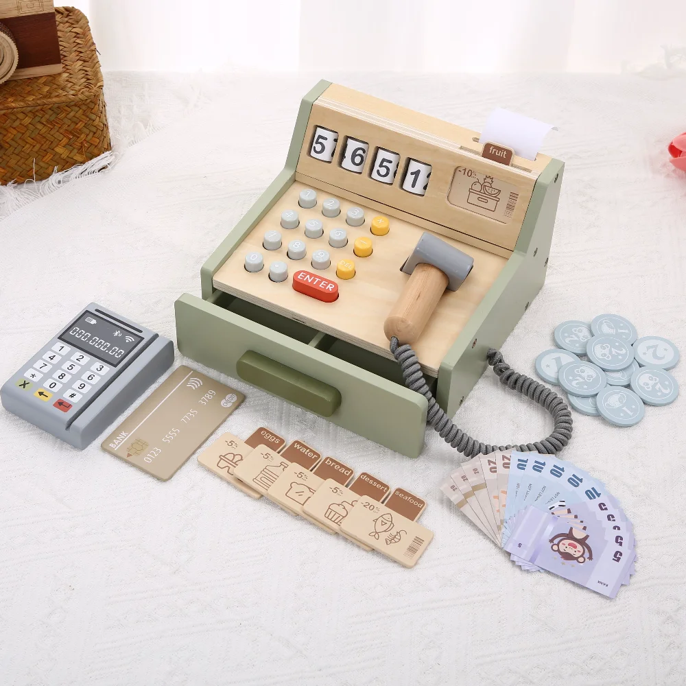ألعاب مسرح خشبية للأطفال، ألعاب منزلية، ماكينة صنع القهوة الخشبية، ألغاز تسجيل النقود الخشبية، التعليم التفاعلي #3