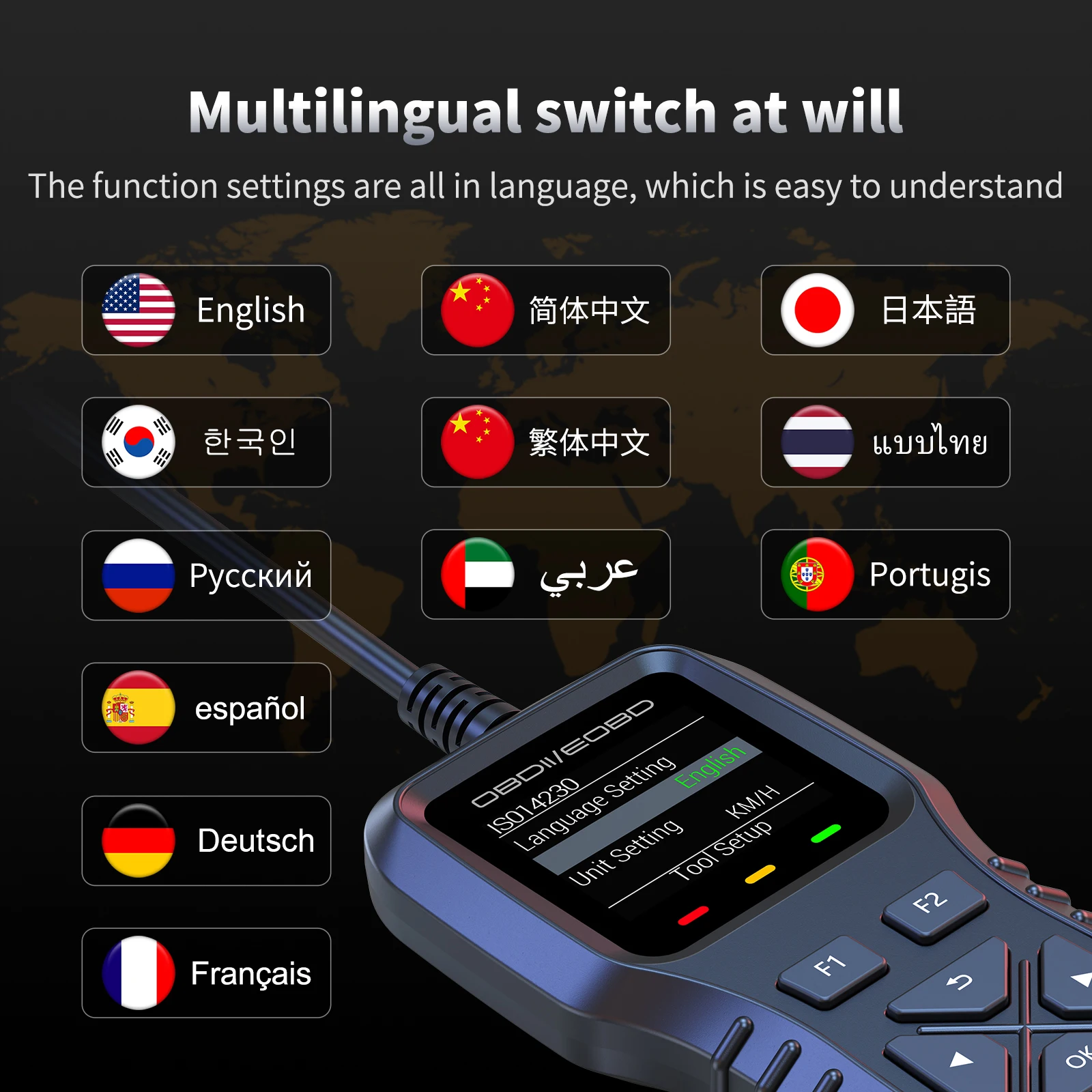 エラーコードの読み取り、エラーコードのクリア、データストリーム、フリーズフレーム、dtcルックアップ、酸素センサーテスト、12言語対応-k1-車両診断ツール