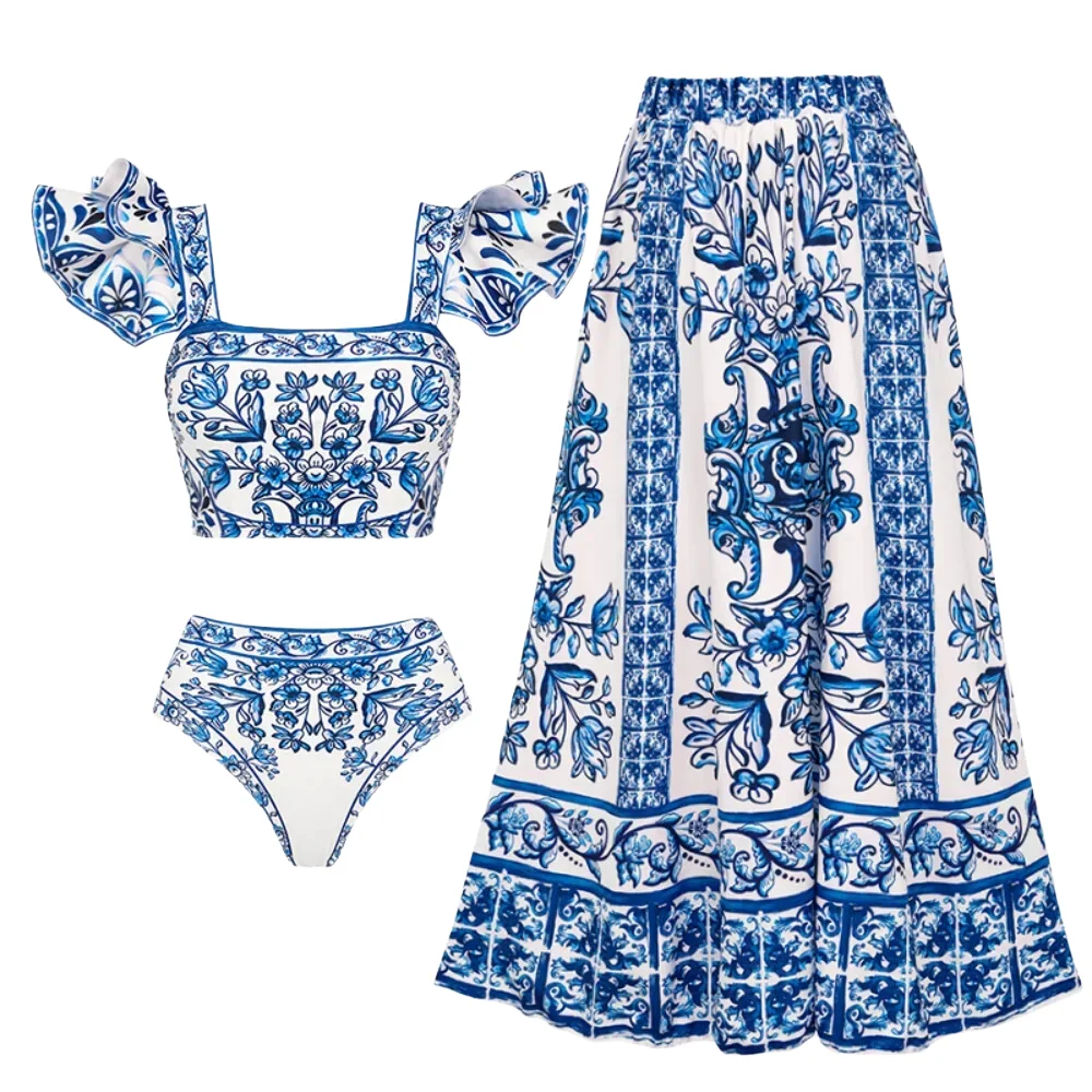 Women bikini set  Ruffle Blue and White Porcelain Pattern Majolica Print Swimsuit and Sarong Swimwear  Bathing Suit