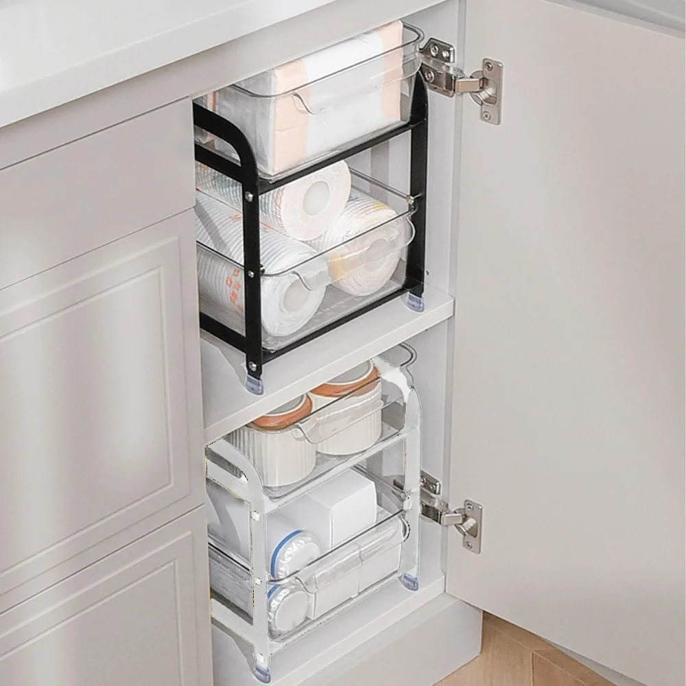 Carbon Steel Kitchen Sink Rack PET Clear Drawer Anti Slip Foot Pull Out Drawer Basket Two Layers Cabinet Storage Organizer