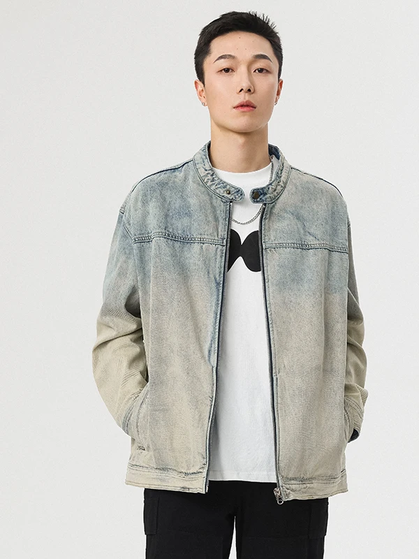 

Retro American Yellow Mud Dyeing Motorcycle Jaet Men's Loose Fit Spring High Street Denim Coat Youth Trend Cotton Polyester...
