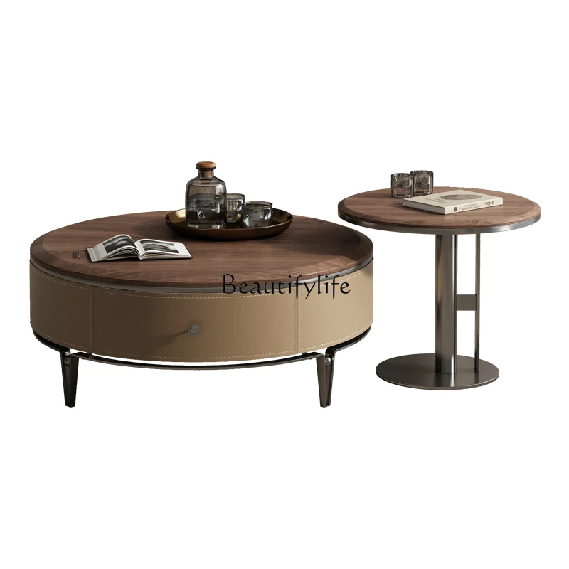 

Retro style solid wood coffee table TV cabinet designer home modern living room saddle leather floor cabinet