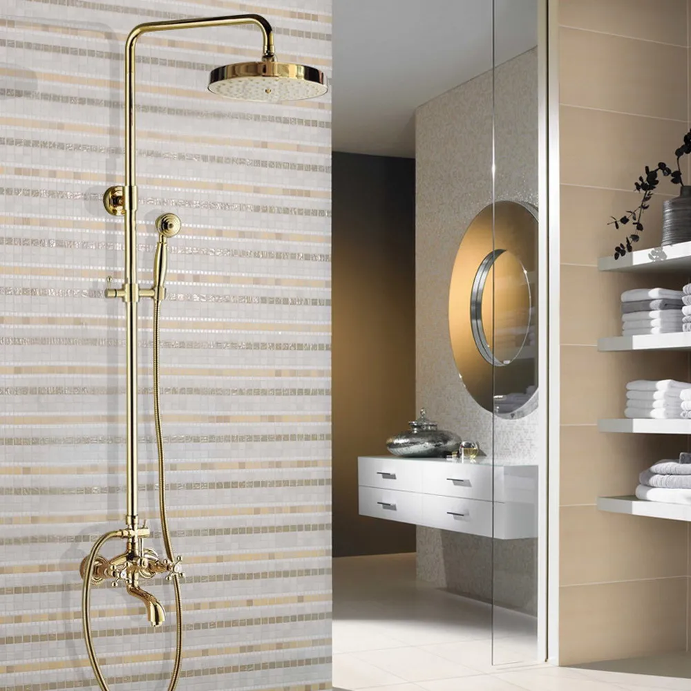 

Gold Color Brass 7.7" Shower Head Rain Shower Faucet Set Bathroom Dual Cross Handles Wall Mounted Bathtub Mixer Tap tgf445