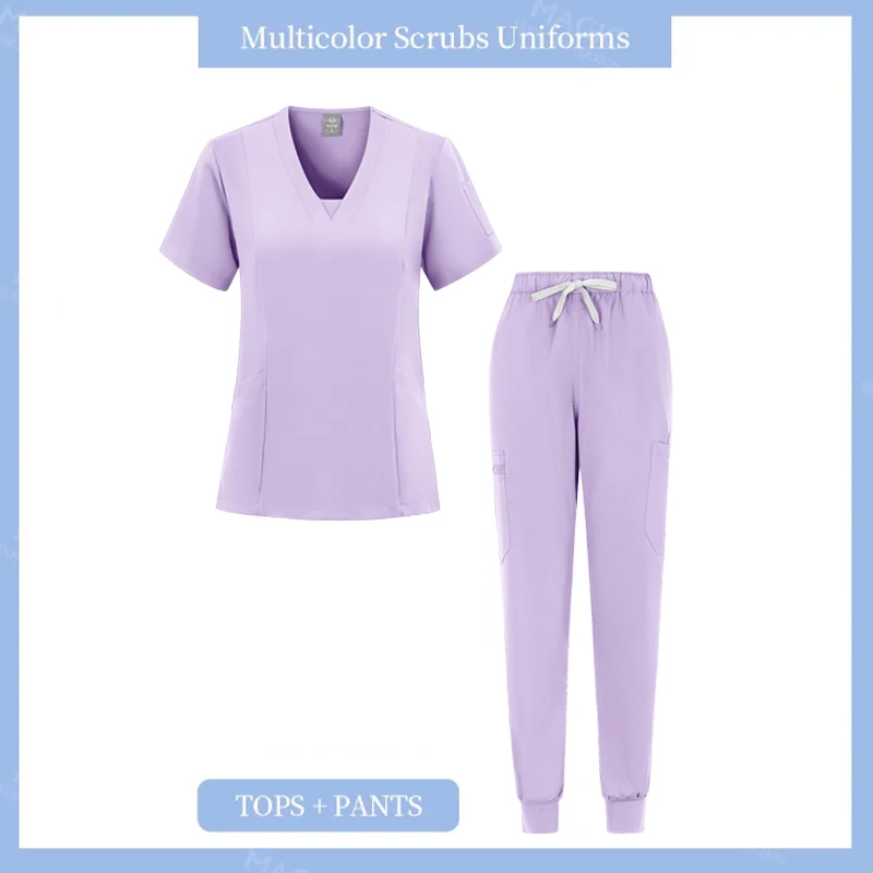 Scrubs Uniform Anzug Kurzarm V-ausschnitt Tops + Jogger Hosen Set Pflege Uniform Frauen Mehrfarbige Pet Doctor Scrub Medizinische Arbeitskleidung