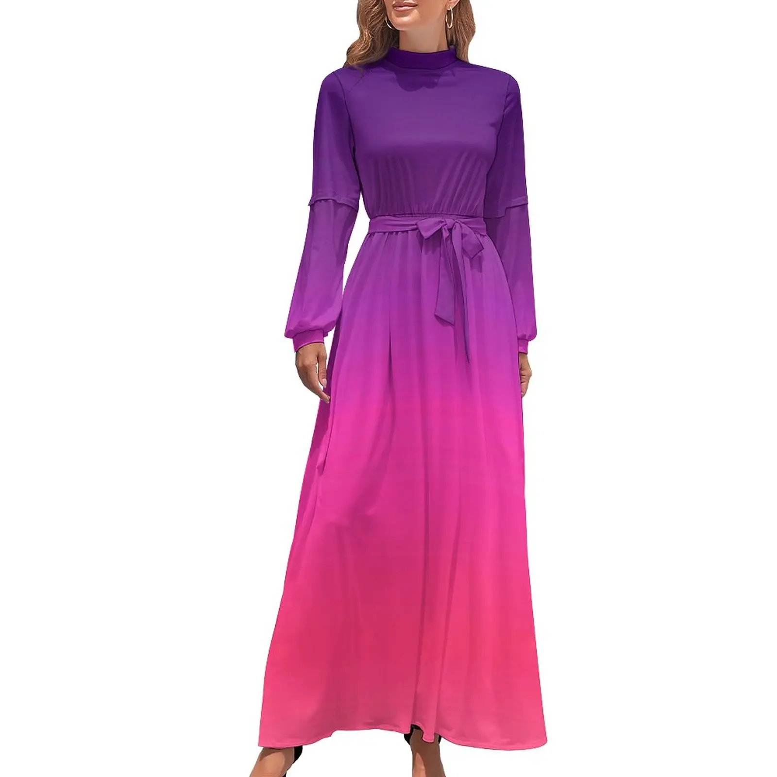 Ombre Abstract Dress Neon Purple And Pink Sexy Print Maxi Dress High Waist Long-Sleeve Simple Beach Long Dresses