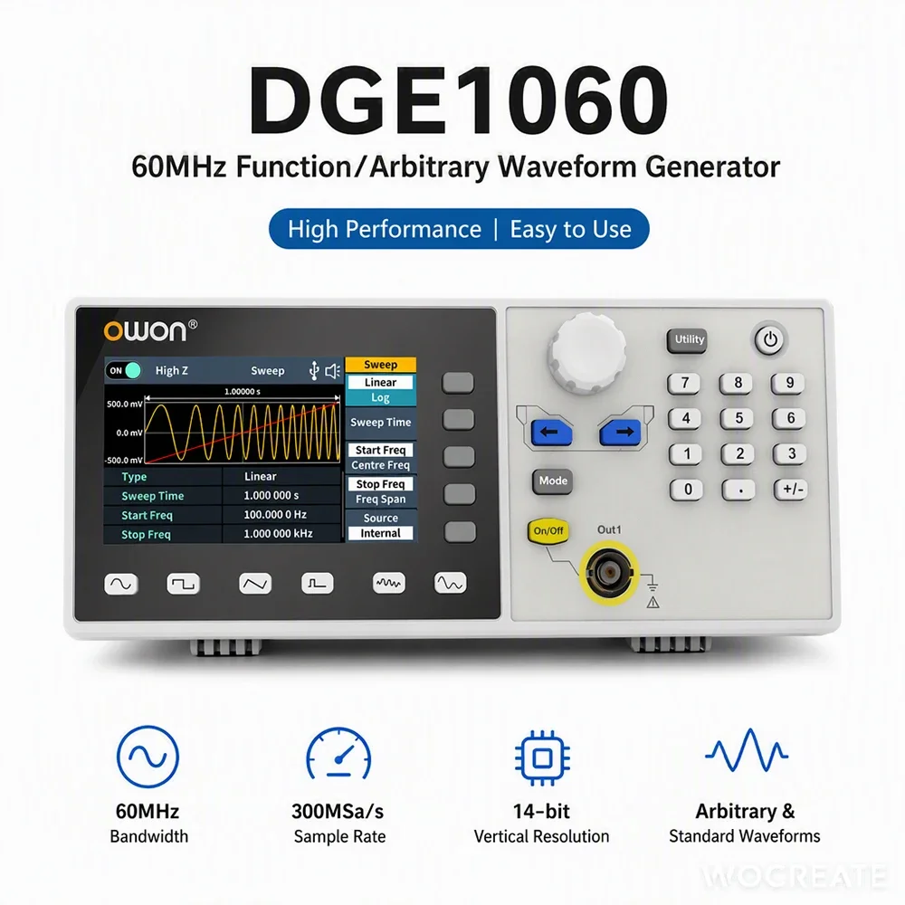 OWON DGE1030 DGE1060 Functiegenerator, generator voor willekeurige golfvormen, DDS-signaalbron, 30 MHz, 60 MHz, 14-bits TFT LCD, testapparatuur.