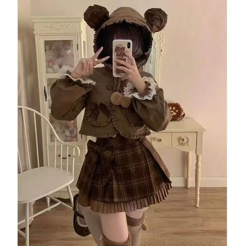 

Japanese Kawai Lolita Style 2 Piece Set Women Sweet Bow Bear Ear Hooded Short Jacket Coat Plaid Mini Pleated Skirt Y2k Slim Suit
