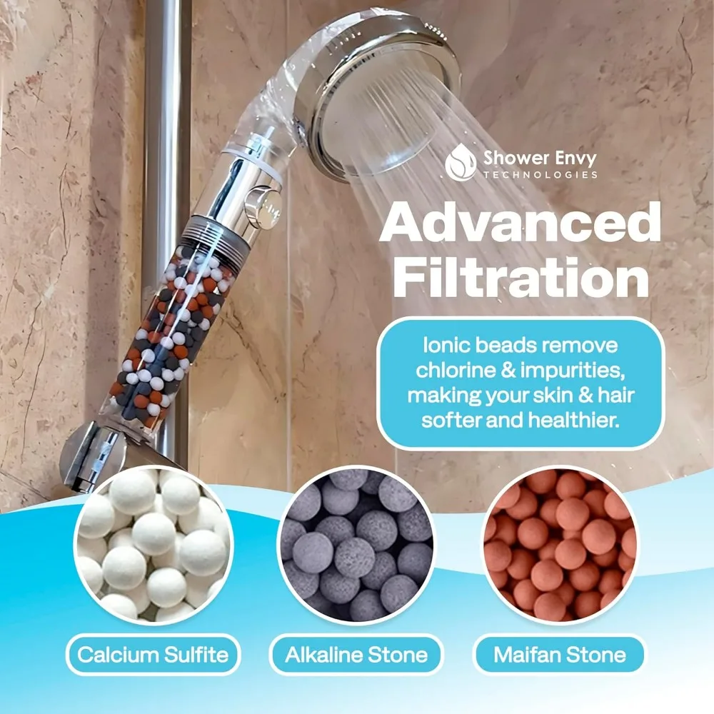 رأس دش مفلتر عالي الضغط مع خرز أيوني، 3 أوضاع، ميزة توقف التدفق، قدرة تليين المياه