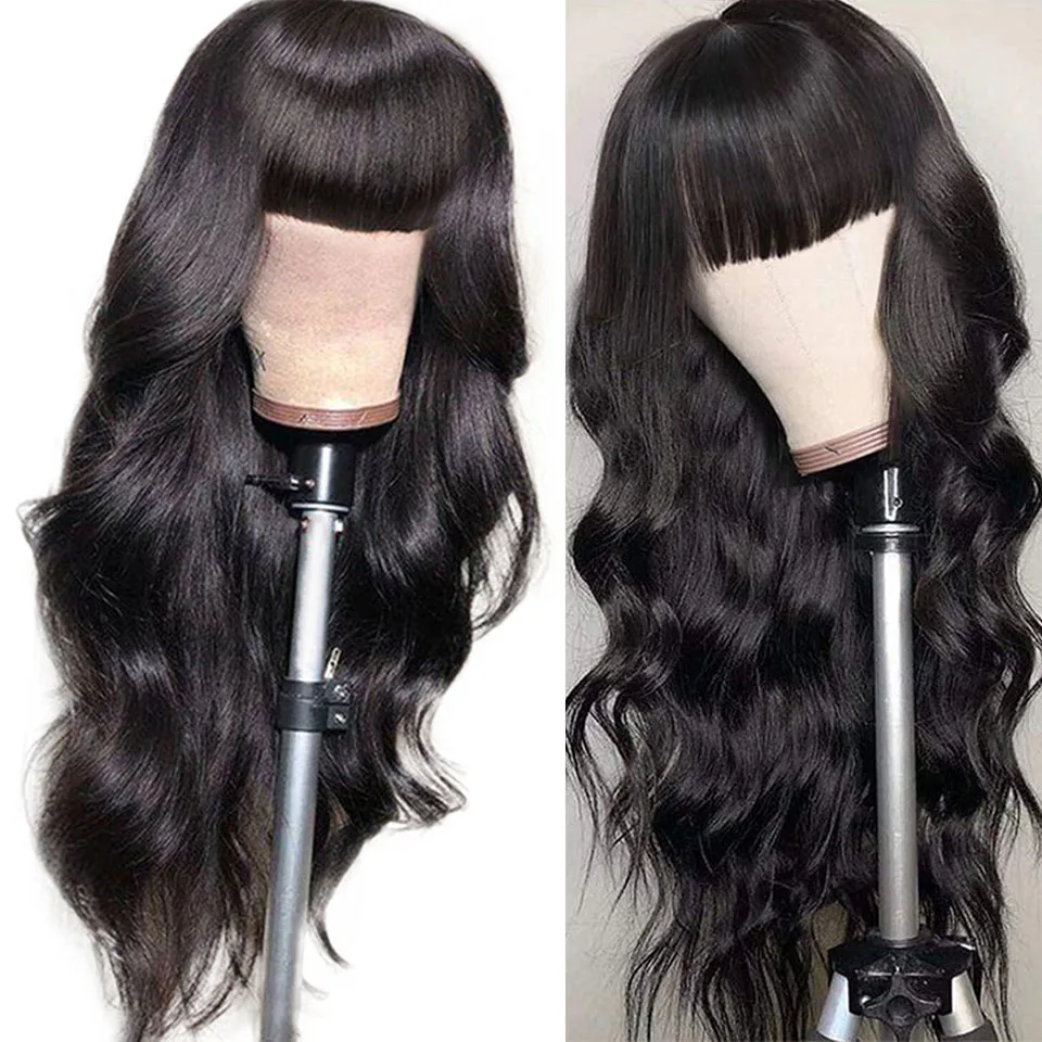 Natural Color 100% Brazilian Body Wave Human Hair Wigs 180% Density Machine Made Wigs Human Hair Wigs with Bangs for Women