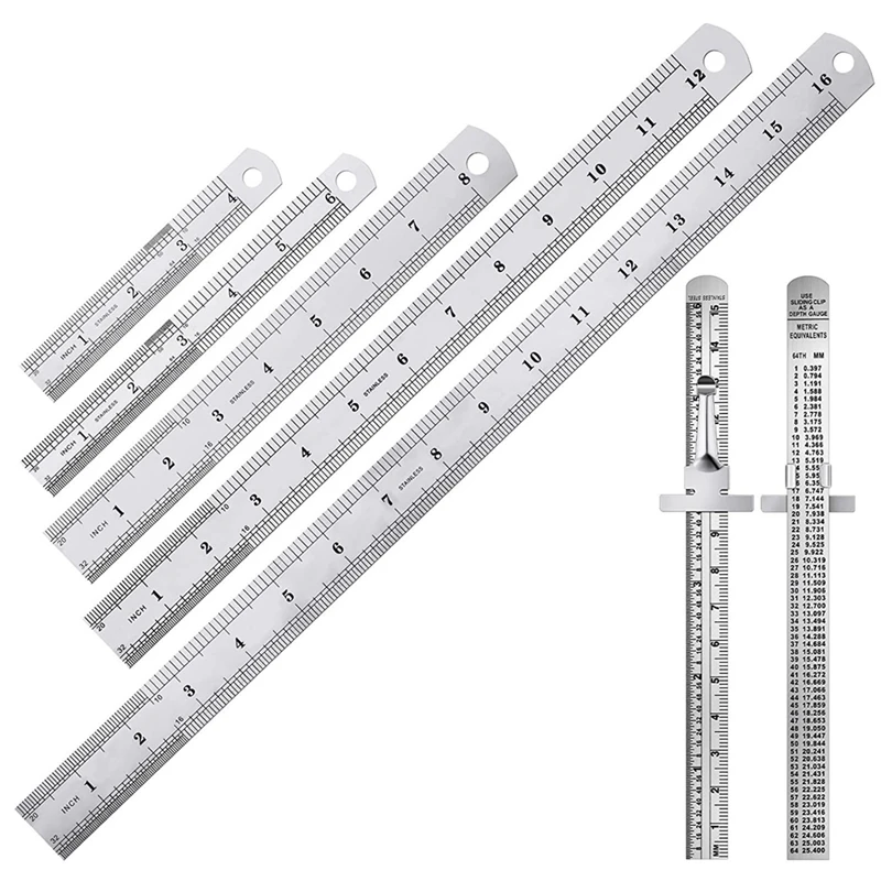 7Pc Precision Stainless Steel Ruler Set Pocket Ruler Tools Scale Gauge Ruler For Woodwork Engineer Office Home