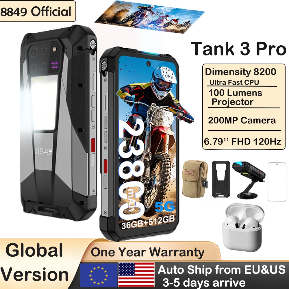 8849 Tank 3 Pro Unihertz Rugged Projector Smartphone 23800mAh 5G Android14 Outdoor Phone 512GB+36GB 120W Fast Charging Dual Sim