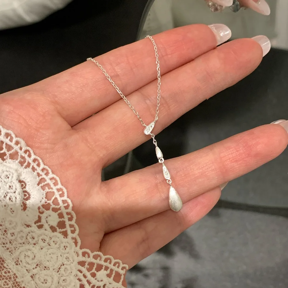 Minimalism Retro 925 Sterling Silver Brushed Metal Small Teardrop-shaped Tassel Pendant Necklace for Women Jewelry Accessories
