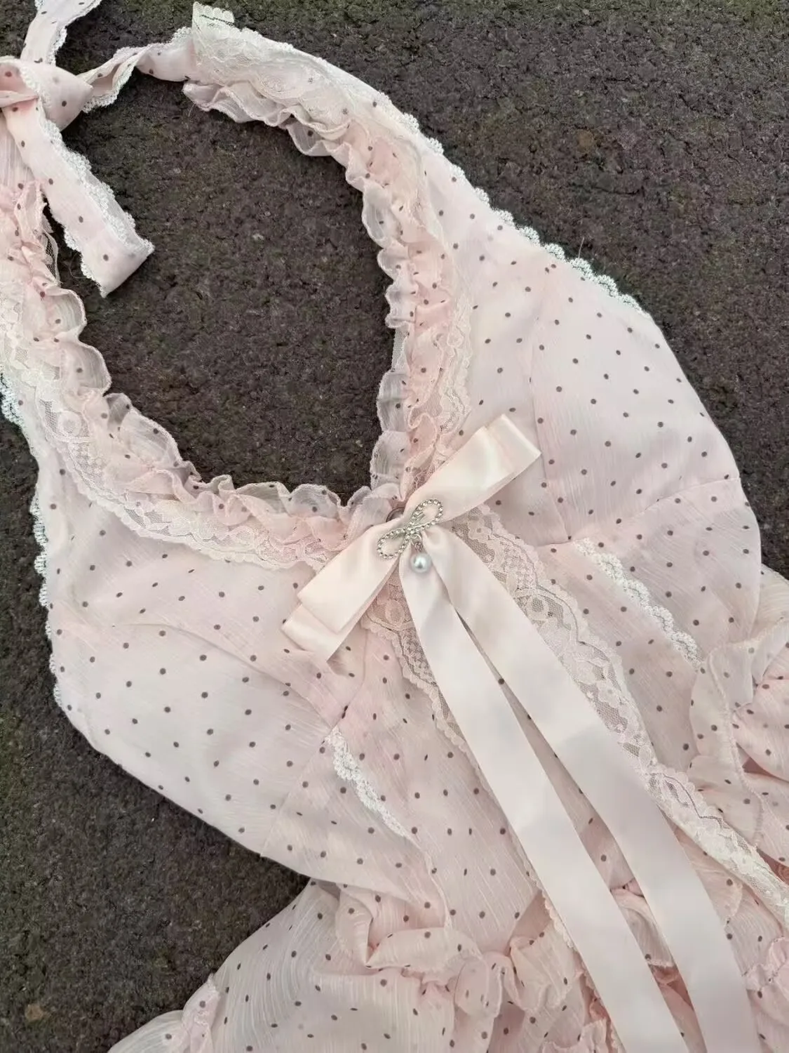 Gaun Musim Panas Fashion Korea Gaun Merah Muda Y2K Manis Gaun Mini Desain Polkadot Pita Lolita Wanita Pakaian Chic Wanita