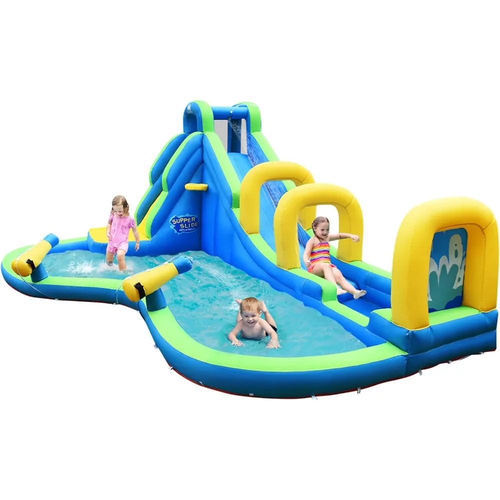 

Inflatable Water Slide, Adventure Surfing Slide Kids Water Park Jump Castle with Climbing Wall, Dual Cannons, Backyard Party