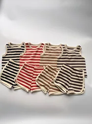 2024 Summer New Baby Sleeveless Clothes Set Infant Boy Girl Vest + Shorts 2pcs Suit Toddler Waffle Striped Breathable Outfits