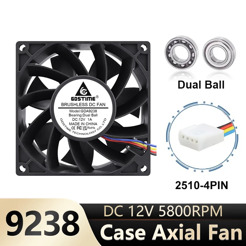 

Gdstime 9238 12V DC 4Pin PWM Connector Brushless Radiator 92MM Dual Ball Inverter Cooler 92x92x38mm Computer Case Cooling Fan