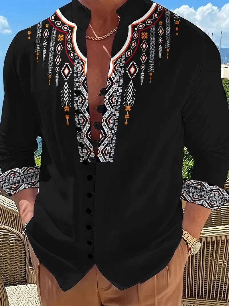 Men's Long Sleeve Shirt New Printed Button Shirt Fashion Loose Men's Shirt Casual Clothing Muslim Men's Clothing,