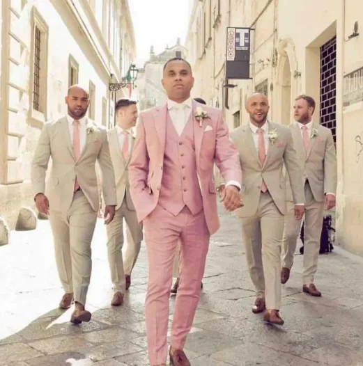 Formal Pink Linen Men Wedding Suits Men\'s Suits Groom Tuxedos Slim Fit Terno Masculino Costume Homme Blazer For Men