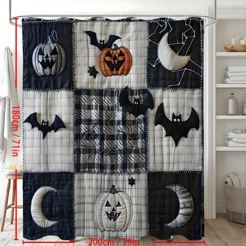 One Piece of Vintage Halloween Plaid Pumpkin Bat Moon Print Waterproof Shower Curtain, Window Curtain Including 12 Hooks