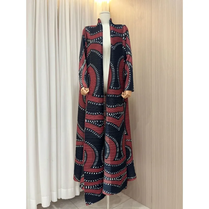 Miyake Pleated Retro Printed Long Sleeved Lapel Belt Dress for Women's 2024 New Original Designer Cardigan Long Coat