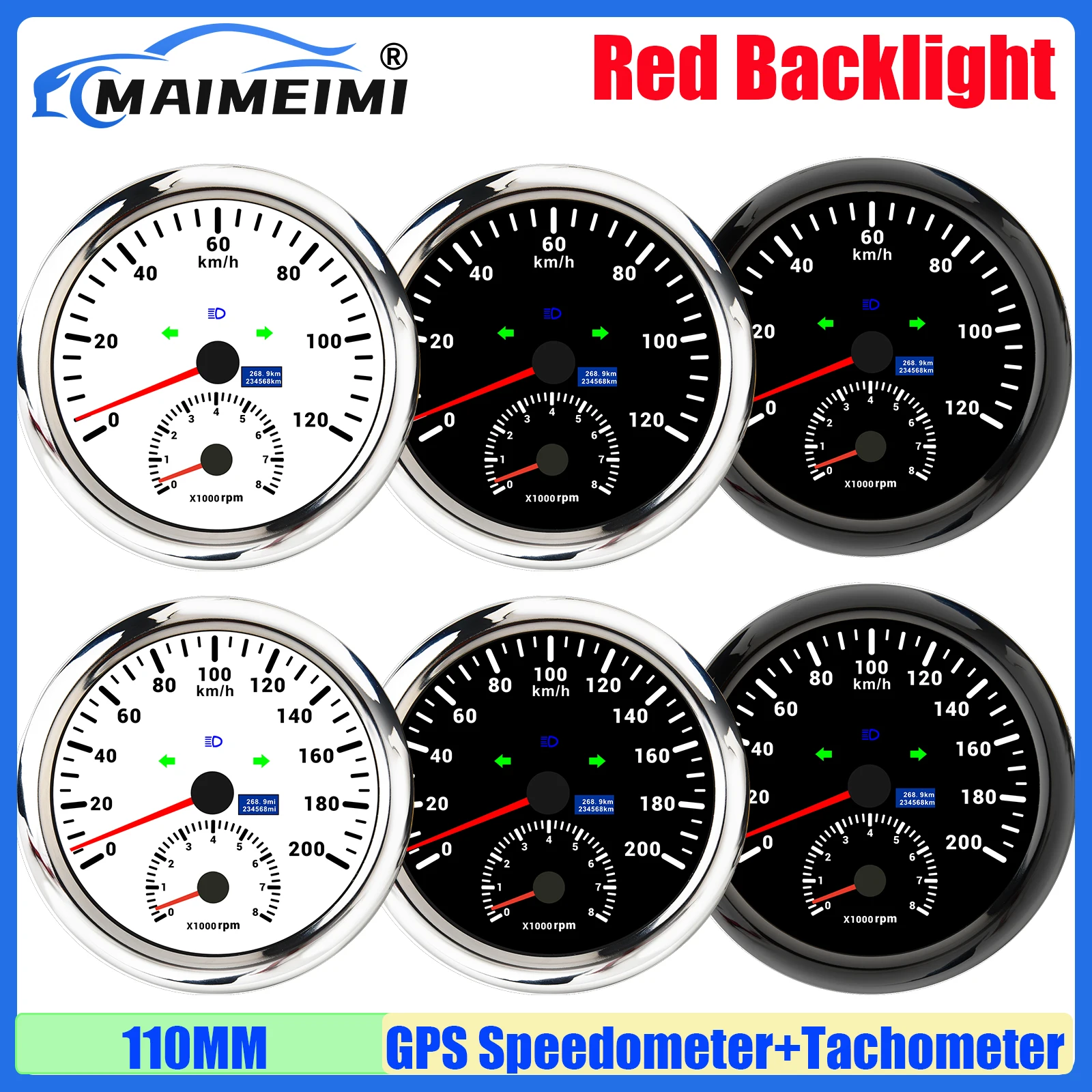 110MM Dual Gauge 120KMH,200KMH,120MPH,160MPH GPS Speedometer+Tachometer 8000RPM Turn Light High Beam Mileage for Marine Car Boat