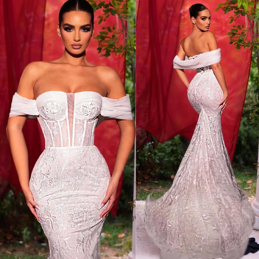 

Customized Sexy White Wedding Dress Mermaid Sweetheart Tulle Off the Shoulder Lace Sweep Train Overskirt Graceful Bride Gowns