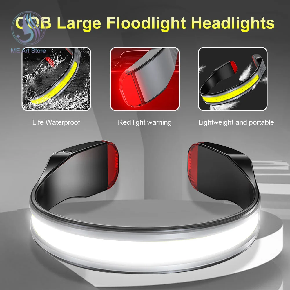 

Induction COB Headlight Waterproof LED Headlamp Floodlight USB Rechargeable Head Torch 5 Lighting Modes with Red Tail Light