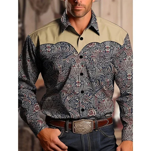 

Men's Retro Western Denim 3D Printed Shirt High-end Lapel Long Sleeve Casual Beach Fashion Party Business Shirt Outdoor Top