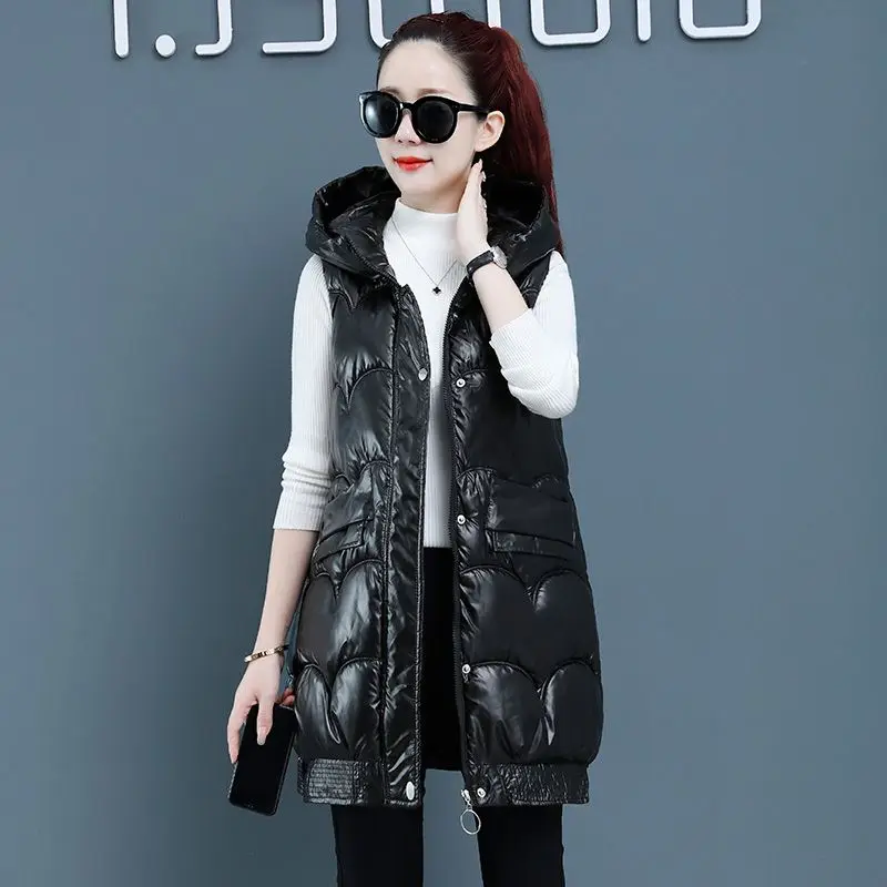 Fashion Korean Bright Down hooded Vest Coat Women Autumn Winter Long Waistcoat female Casual Thick Warm sleeveless jacket R031