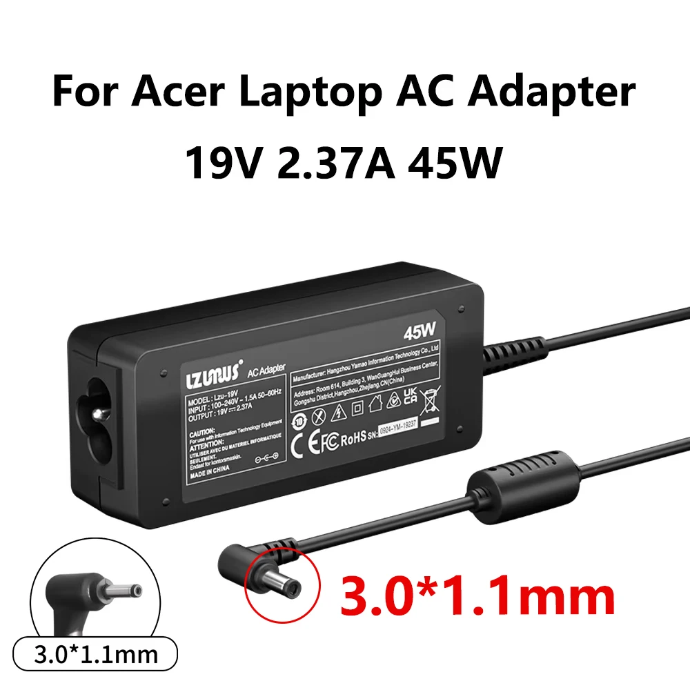 45W AC Adapter For Acer Laptop Charger 19V 2.37A 3.0x1.1mm Compatible With Acer Chromebook Aspire Swift 1 /3 /5 Series