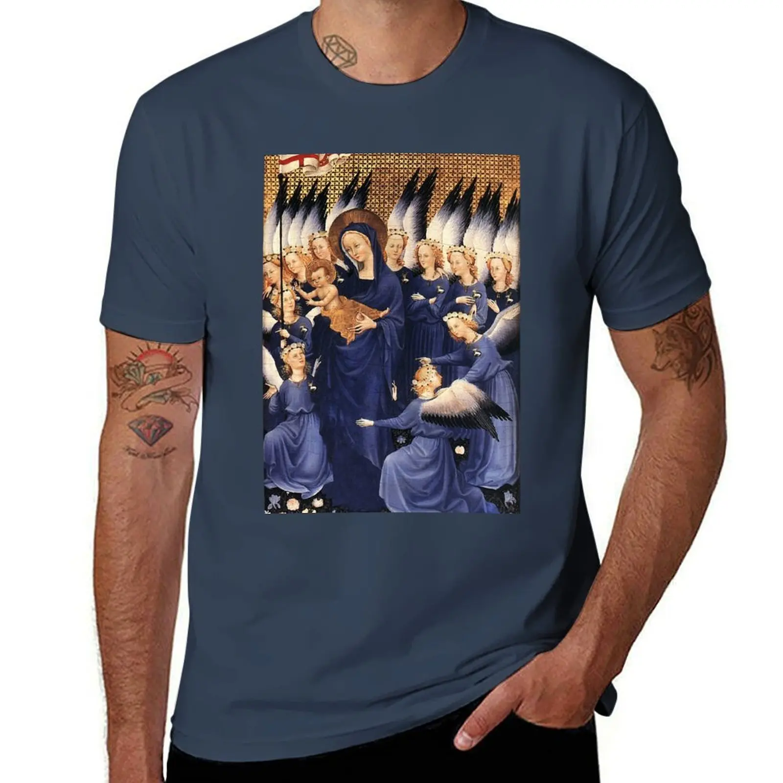 

VIRGIN WITH CHILD AND ANGELS IN BLUE GOLD WHITE HUES T-Shirt Louboutins heavyweights luxury t-shirt fitted t shirts for men