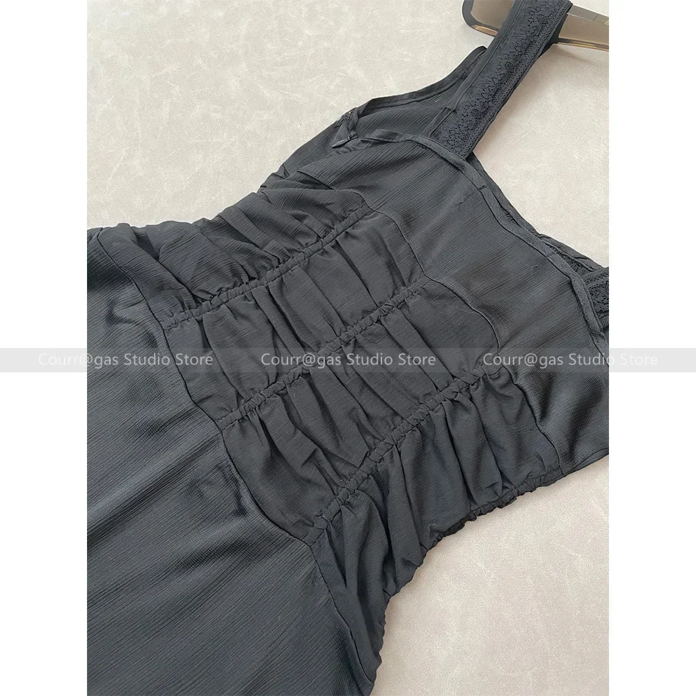 Sexy Spice Black Square Neck Lace Splicing Waist Ruched Slimming Halter Dresses