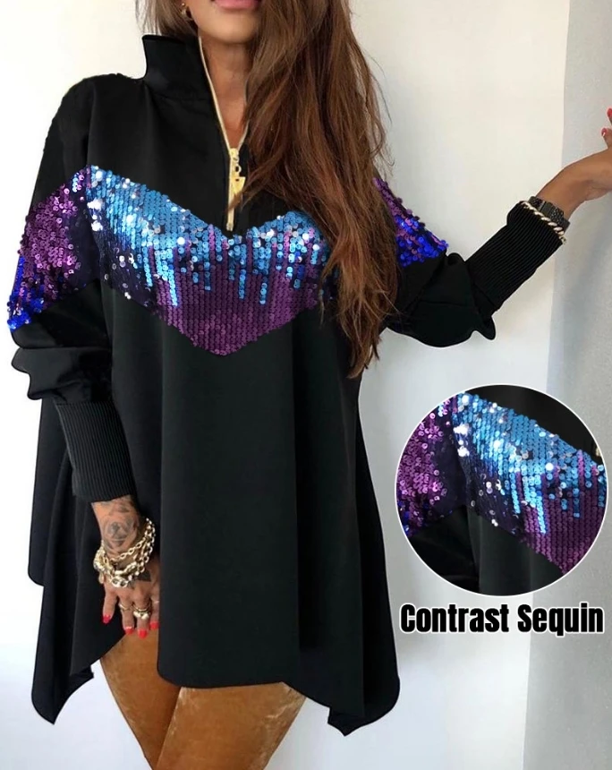Women's fashion new long sleeved top with contrasting sequins stand up collar zipper design, retro minimalist long sleeved top