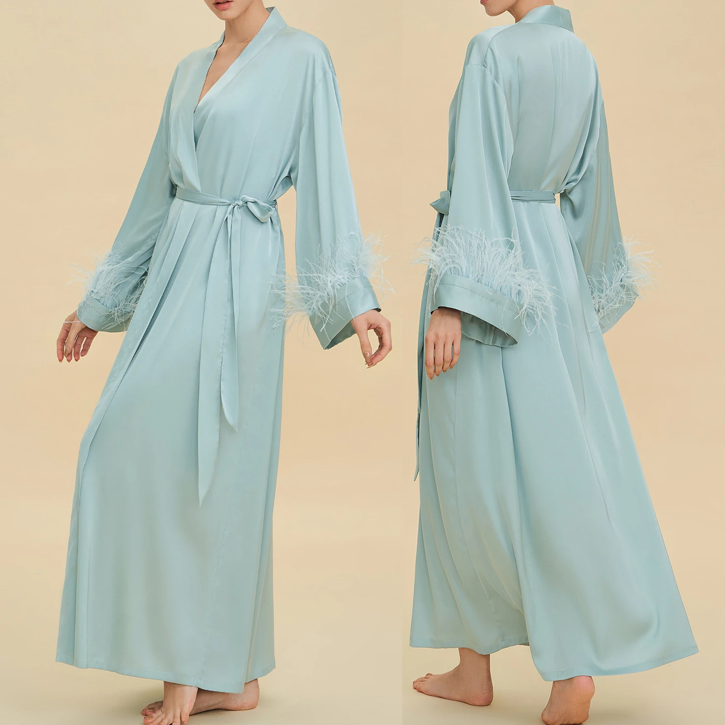 

Luxury Silky Satin Feather Bride Wedding Robe Nightgown Elegant Super Long Bathrobe Women Sleepwear Homewear Sexy Loungewear