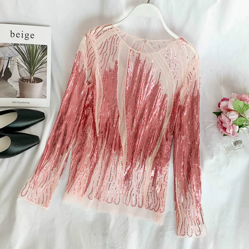 

Long Sleeve Women Bling Bling Blouses Sexy Hollow Out Sequined Tops Women Sequins Shirts Lady Party Shiny Tops