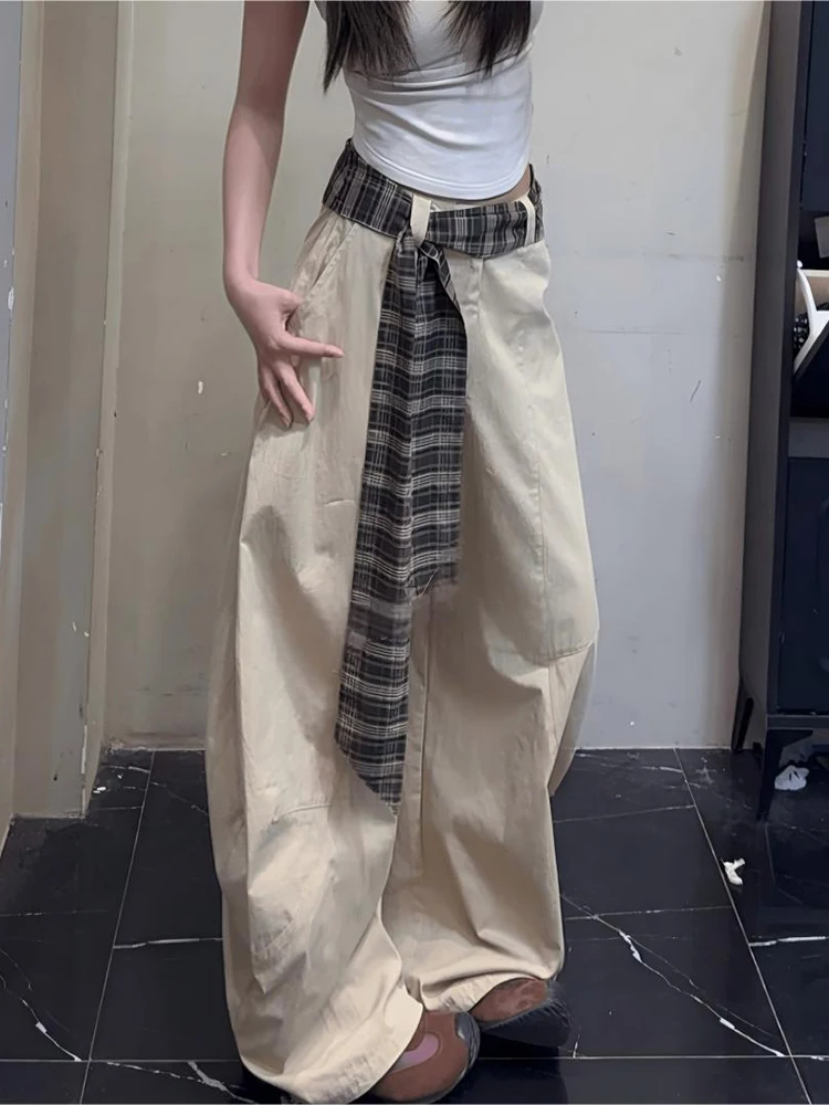 

American Retro Patchwork Plaid Knife Pants Men Women Loose Feeling Qui Dry Wide Leg Pants Floor Length Casual Trousers