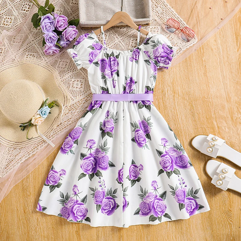 Kids Dress For Girls 8-12 Years Summer Purple Print Halter Dress Korean Elegant Fashion Graduation Birthday Party Girls Dress