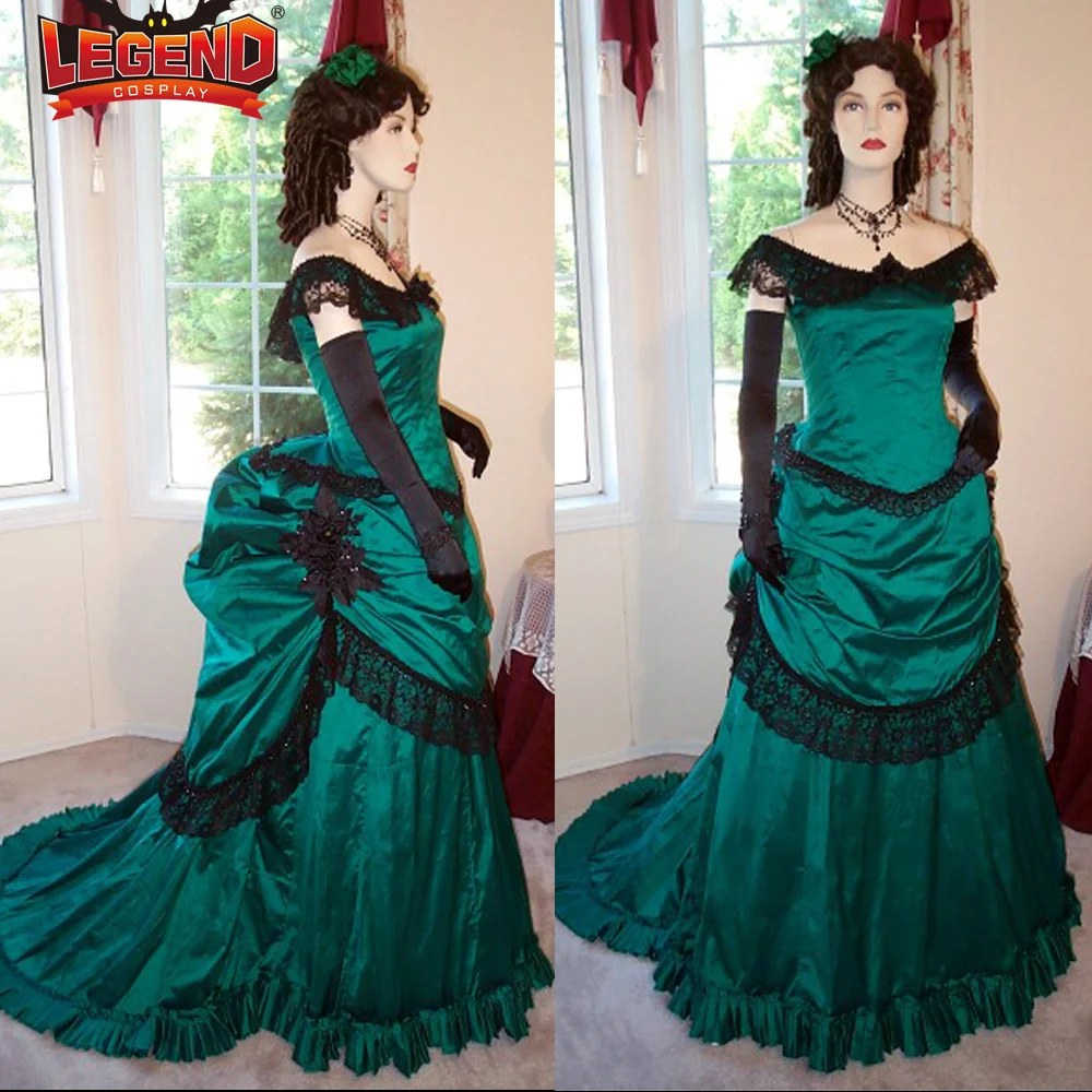 

Green Satin Victorian Bustle Dress 1860s Civil War Costume Southern Belle Ball Gown Historical Walking Dress Promenade Gown